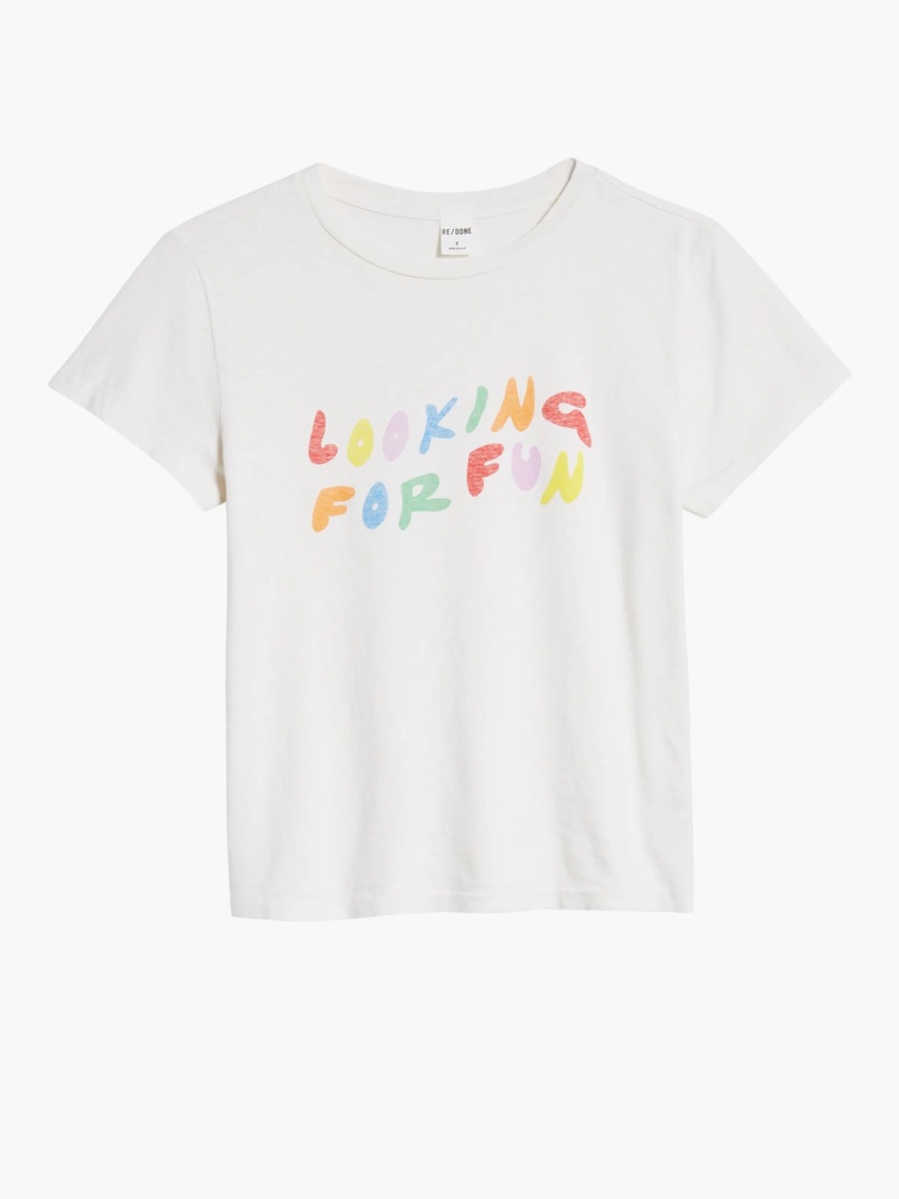 Re/Done White Tee with Multicolor 'Looking For Fun' Graphic